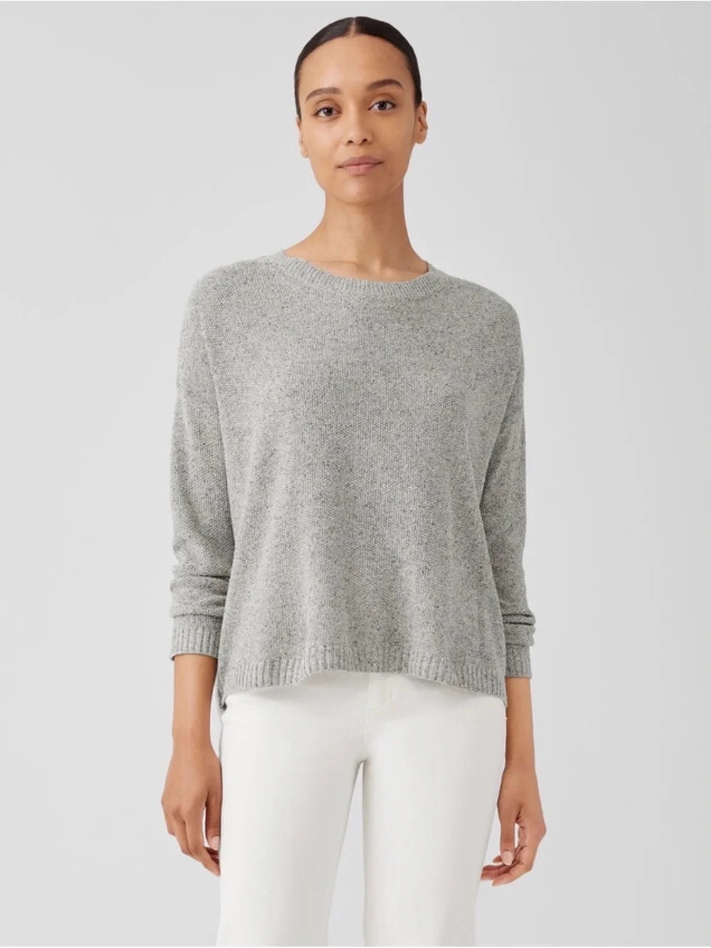 Eileen Fisher Silk Crewneck Boxy Sweater in Heather Gray size Large